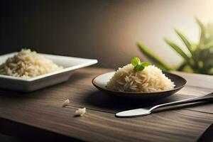 a bowl of rice and spoon on a table. AI-Generated photo