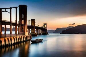 un barco es navegación debajo un puente a puesta de sol. generado por ai foto