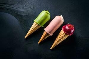 three ice cream cones with different colors on a black background. AI-Generated photo