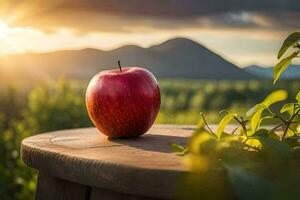 an apple sits on top of a wooden table with the sun setting behind it. AI-Generated photo