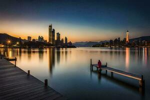 a woman stands on a dock looking out over the water. AI-Generated photo