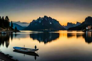 a boat sits on the water at sunset with mountains in the background. AI-Generated photo