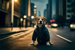 un perro en un chaqueta sentado en el calle a noche. generado por ai foto