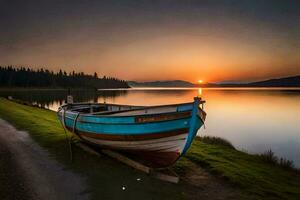 a boat sits on the shore of a lake at sunset. AI-Generated photo