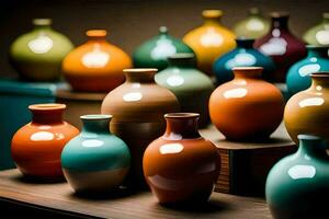 a row of colorful vases on a table. AI-Generated photo