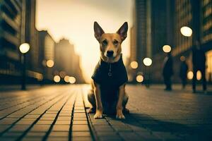 a dog sitting on the street in the city. AI-Generated photo