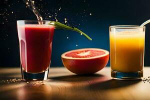 two glasses of juice with a grapefruit and orange. AI-Generated photo