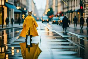 un zorro en un amarillo impermeable caminando abajo un calle. generado por ai foto