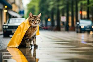 a cat wearing a yellow raincoat on a rainy day. AI-Generated photo