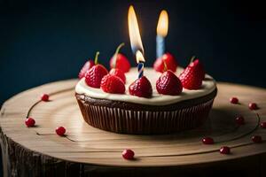 a birthday cake with two burning candles. AI-Generated photo