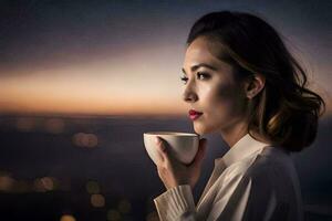 a woman holding a cup of coffee in front of a city skyline. AI-Generated photo