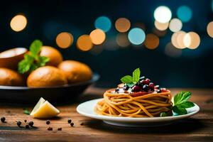 spaghetti with tomato sauce and bread on a plate. AI-Generated photo
