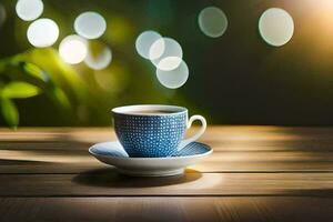 un taza de café en un de madera mesa con Bokeh. generado por ai foto