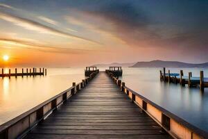 a long pier stretches out into the ocean at sunset. AI-Generated photo