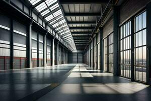 an empty warehouse with large windows and a large door. AI-Generated photo