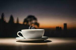 a cup of coffee on a table in front of a city skyline. AI-Generated photo