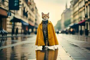 un gato en un amarillo Saco caminando abajo un calle. generado por ai foto