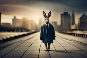 a rabbit in a suit and tie stands on a bridge. AI-Generated photo
