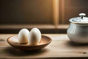 three eggs on a wooden table next to a tea pot. AI-Generated photo