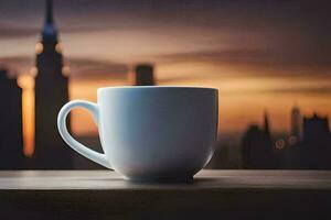 a coffee cup on a table in front of a cityscape. AI-Generated photo