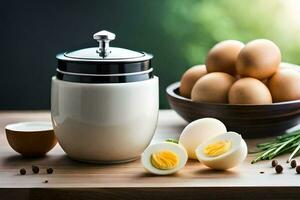 a jar of eggs and a bowl of eggs. AI-Generated photo