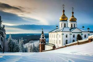 un Iglesia en el nieve con dorado cúpulas generado por ai foto