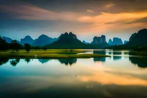 the li river in china, the mountains, mountains, mountains, mountains, mountains, mountains. AI-Generated photo