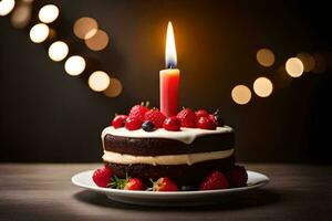 a chocolate cake with berries and a lit candle. AI-Generated photo