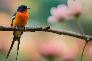 a colorful bird sits on a branch. AI-Generated photo