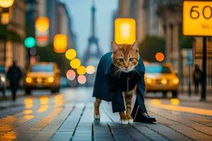 un gato en un Saco caminando abajo un calle. generado por ai foto