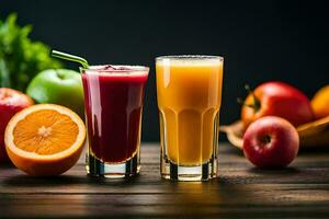 two glasses of juice with fruits and vegetables. AI-Generated photo