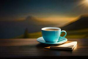 un taza de café y un libro en un de madera mesa. generado por ai foto