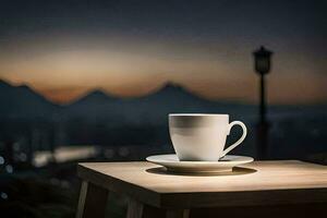 a cup of coffee on a table in front of a city. AI-Generated photo