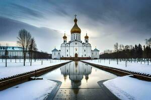 a church in the snow with a pond in front of it. AI-Generated photo