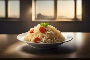 a plate of rice with tomatoes and basil on a table. AI-Generated photo