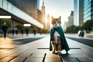 a cat wearing a cape on the street. AI-Generated photo