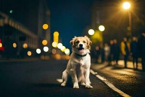 a dog sitting on the street at night. AI-Generated photo