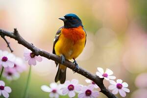 a colorful bird sits on a branch with pink flowers. AI-Generated photo