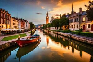 a boat is docked in a canal at sunset. AI-Generated photo