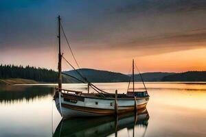 a boat sits on the water at sunset. AI-Generated photo