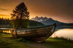 un barco se sienta en el apuntalar de un lago a puesta de sol. generado por ai foto