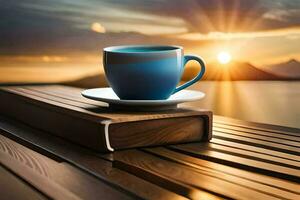 a cup of coffee on a wooden table with the sun setting behind it. AI-Generated photo