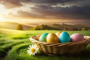 easter eggs in a basket on a field. AI-Generated photo