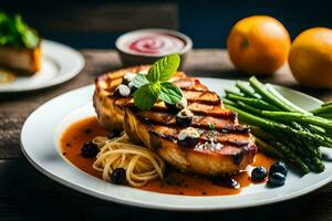 grilled pork chops with asparagus and blueberries on a white plate. AI-Generated photo