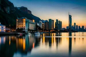 el ciudad horizonte es reflejado en el agua a puesta de sol. generado por ai foto