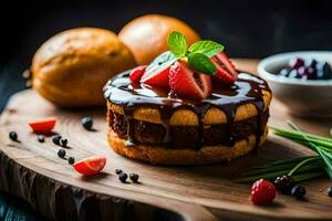 a cake with berries and syrup on a wooden board. AI-Generated photo