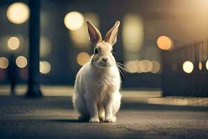 a rabbit sitting on the street at night. AI-Generated photo
