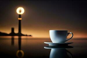 a cup of coffee sits on a table in front of a lighthouse. AI-Generated photo