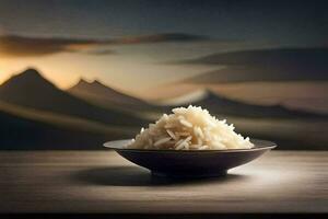 a bowl of rice on a table in front of mountains. AI-Generated photo