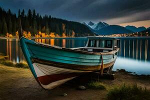 a boat sits on the shore of a lake at dusk. AI-Generated photo